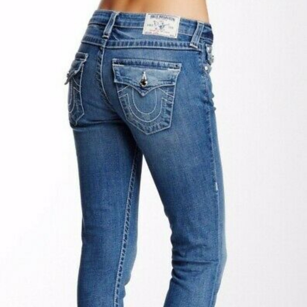 TRUE RELIGION Rolled Capri w/Swarovski Button Flaps